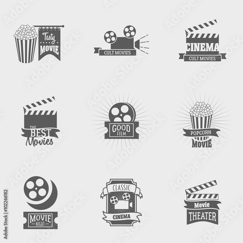 Set of vector cinema logos and signs. Movie, theater studios and cinema badges. Vintage emblems with sample text. Can be used for design posters, flyers or cards