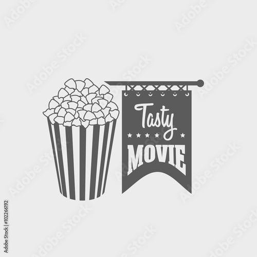 Vector design concept of logo, label or badge with popcorn bucket. Can be used for design posters, flyers or cards