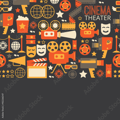Horizontal seamless background with cinema decorative design elements. Cinema theatre illustration for web, flyers, print design.