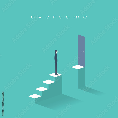 Business challenge concept with man standing on stairs. Goal or target behind obstacle.