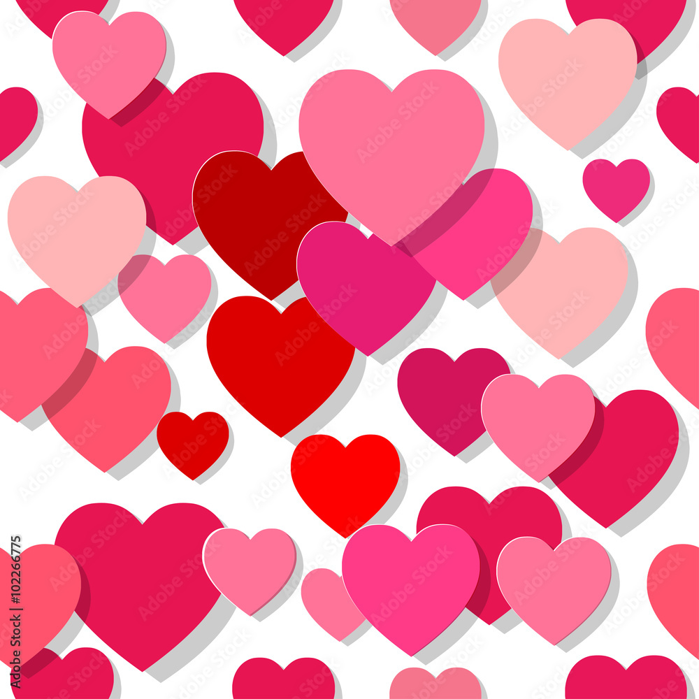 Hearts pink red seamless Pattern with Shadows.