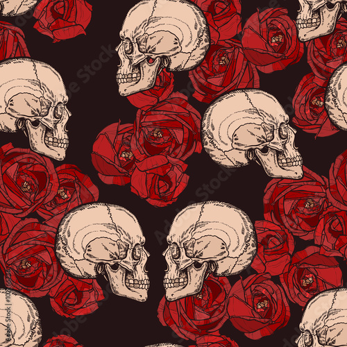seamless gothic pattern with skulls and red roses