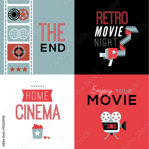 Set of four decorative compositions with cinema symbols and text.
Cinema theatre illustration for web, flyers, print design.