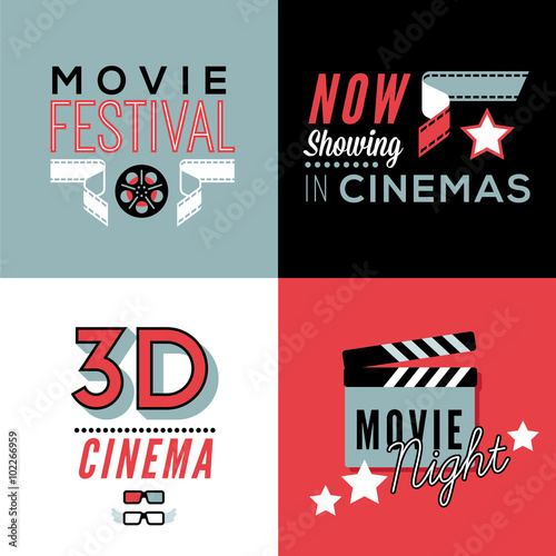 Set of four decorative compositions with cinema symbols and text.
Cinema theatre illustration for web, flyers, print design.