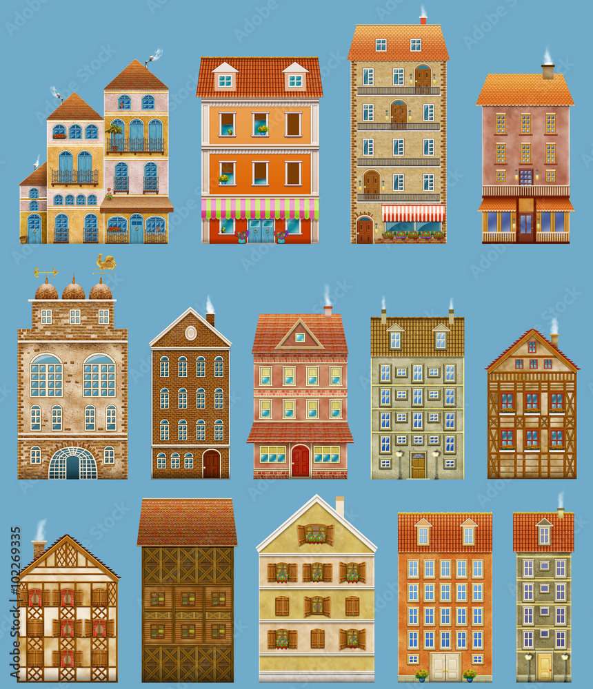 Houses set isolated on blue