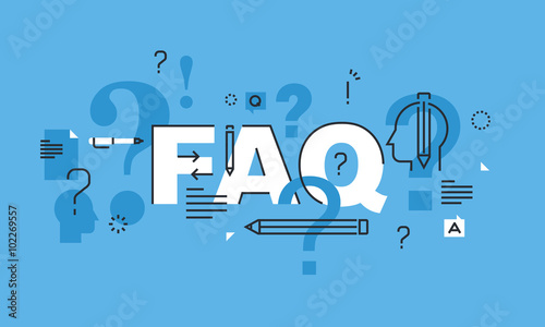 Thin line design concept for FAQ website banner. Vector illustration concept for frequently asked questions or questions and answers, client or customer support, product and service information.