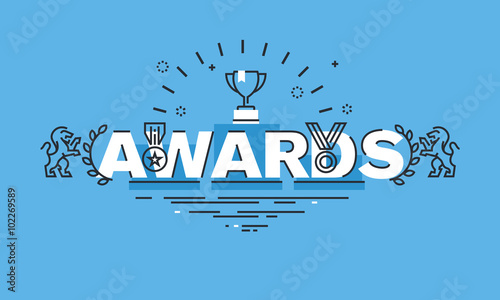 Thin line design concept for awards website banner. Vector illustration concept for information about awards for the business success, sports achievements, quality of products, charity work, science.