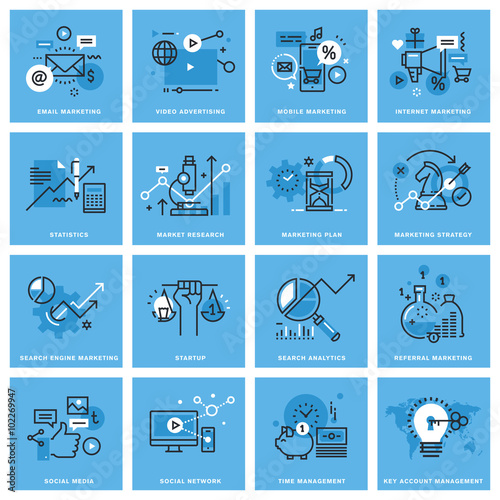 Set of thin line concept icons of marketing plan and strategy, digital marketing, social media and networking, mobile marketing, key account management. Icons for website, mobile website and app.