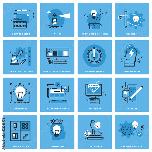 Set of thin line concept icons of graphic design, creative process, web design and development. Premium quality icons for website, mobile website and app design, easy to use and highly customizable.