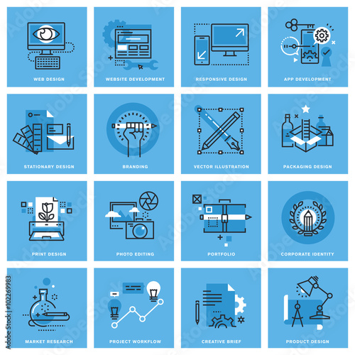 Set of thin line concept icons of different categories of graphic design, website and app design and development, project workflow. Premium quality icons for website, mobile website and app design.