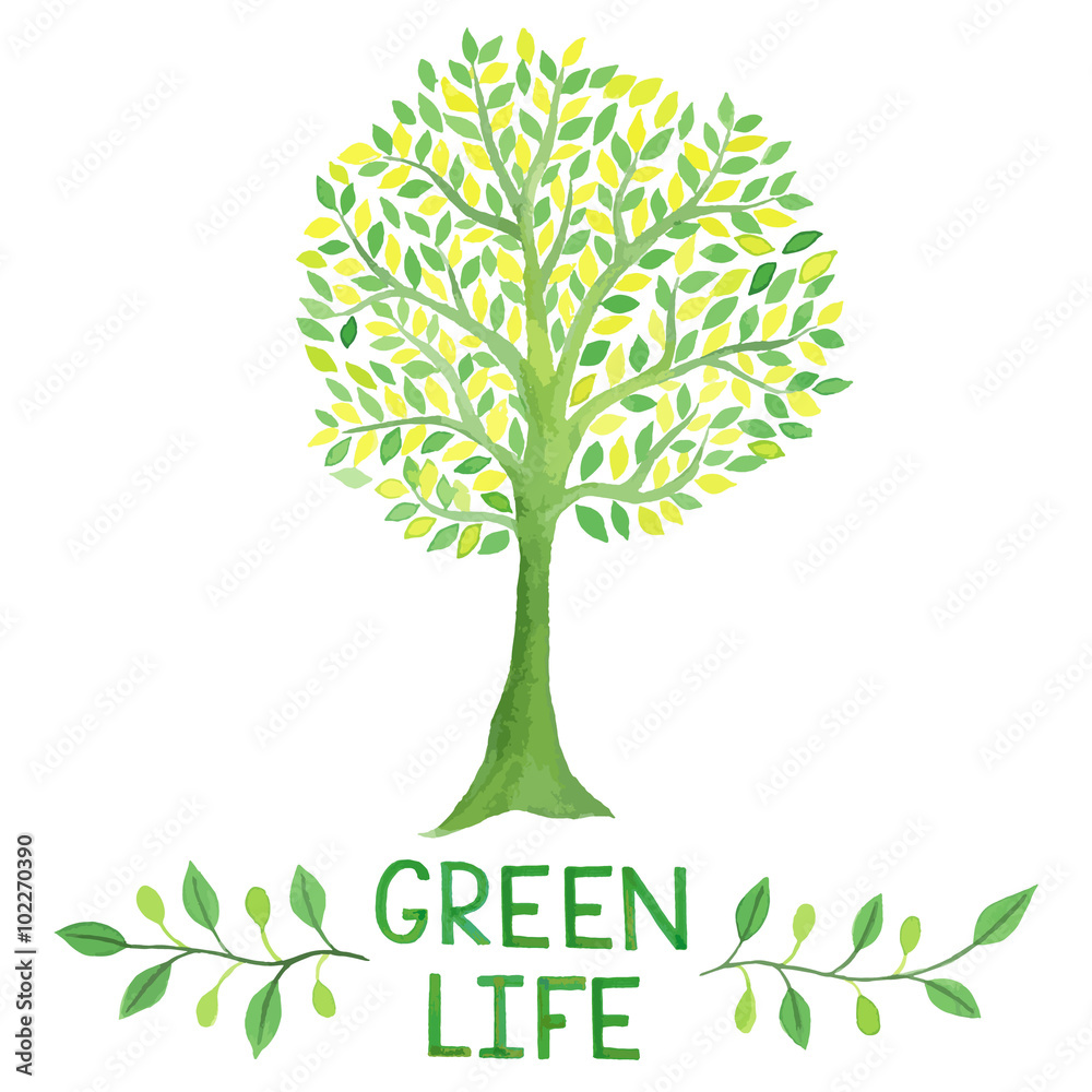 Obraz premium Watercolor green logo with green tree. Green life.