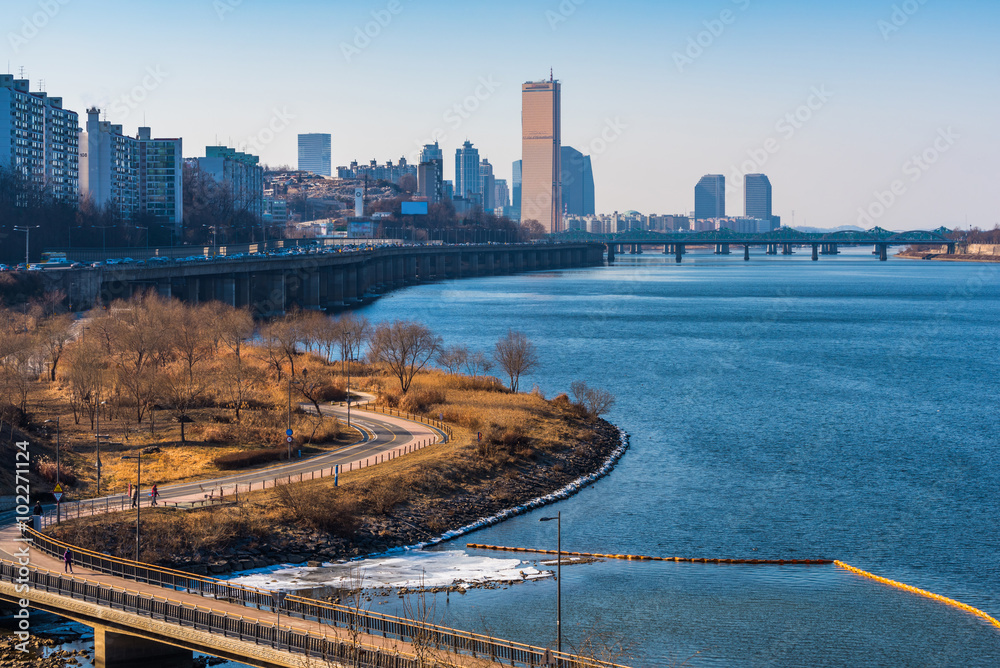 Fototapeta premium Seoul Subway and Bridge at Hanriver in Seoul, South korea