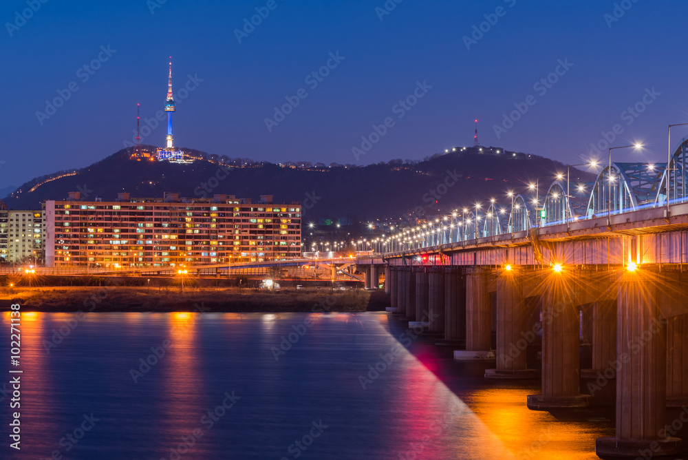Seoul Subway and Bridge at Hanriver in Seoul, South korea.