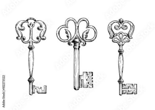 Three medieval vintage keys sketches