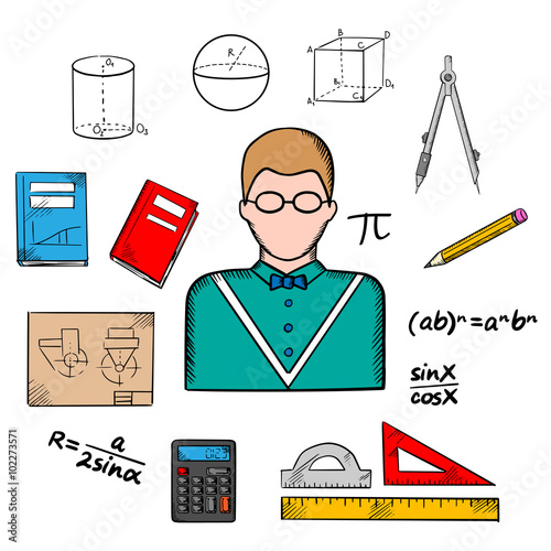 Mathematician teacher with education icons