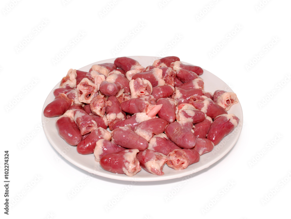 Chicken offal. fresh raw chicken hearts on a dish against white background Chicken offal. fresh raw chicken hearts on a dish against white background