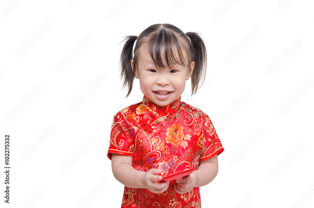 Little Asian girl holding red packet money over white Little Asian girl holding red packet money over white