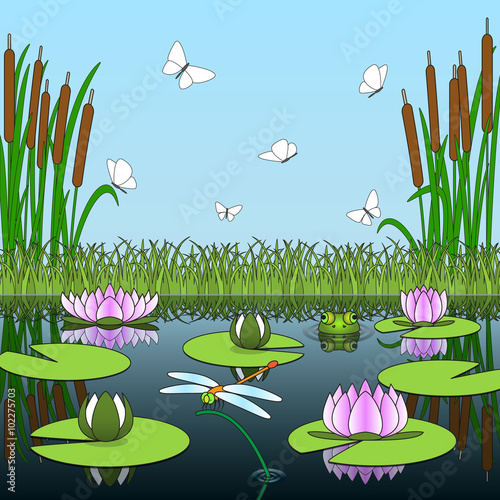 Colorful cartoon background with pond inhabitants and plants.