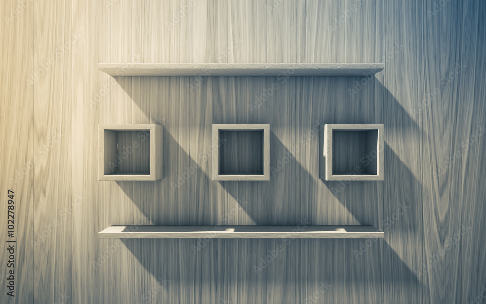 3d isolated Empty shelf for exhibit on wood background 3d isolated Empty shelf for exhibit on wood background