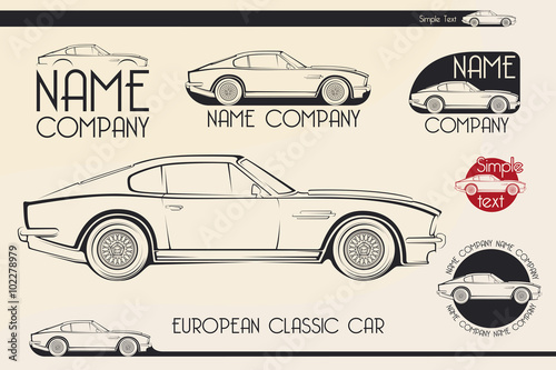 European classic sports car, silhouettes, logo
