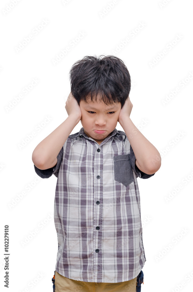 Young Asian boy close his ears by hands over white Young Asian boy close his ears by hands over white