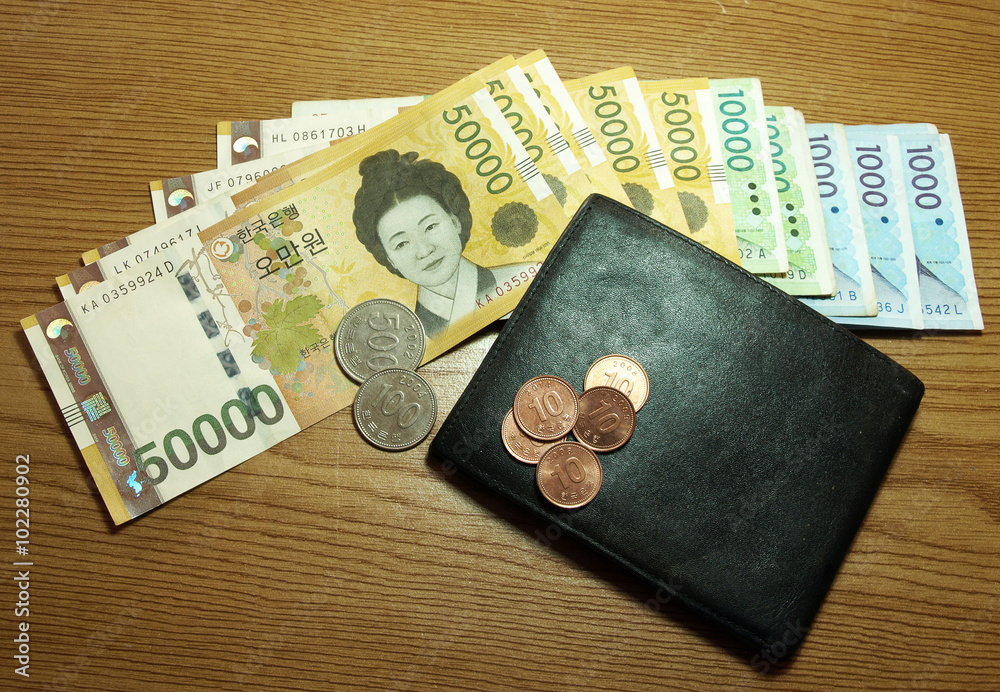 Currency Of South Korean Won Banknotes And Coins In Different Value 