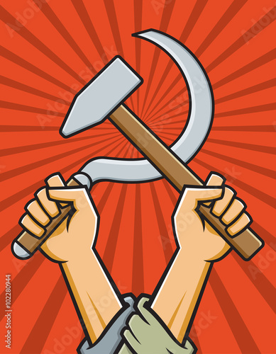 Hammer and Sickle Vector Illustration. Raised fists holding crossed hammer and sickle in the style of Russian Constructivist Propaganda posters.