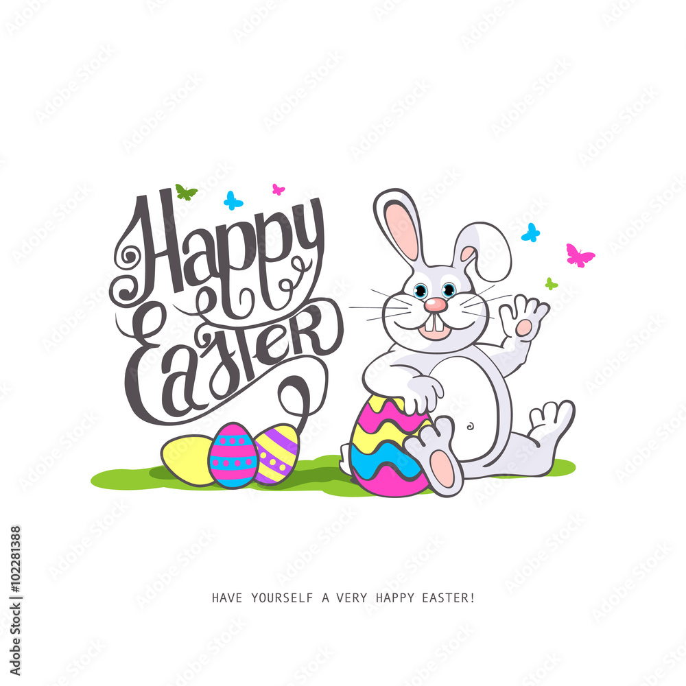 Happy Easter. Easter bunnies and egg in field.