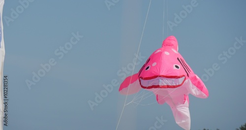 Pink fish air swimmer - Kites of All Kinds And Shapes on International Kite Festival in Leba, Poland Kites are Flying in The Sky.