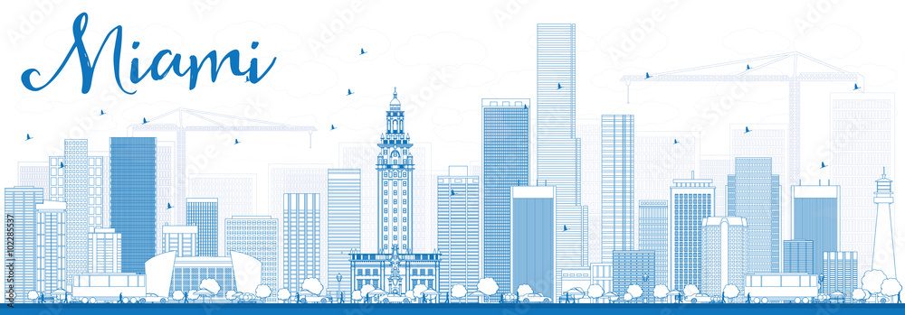 Outline Miami Skyline with Blue Buildings.