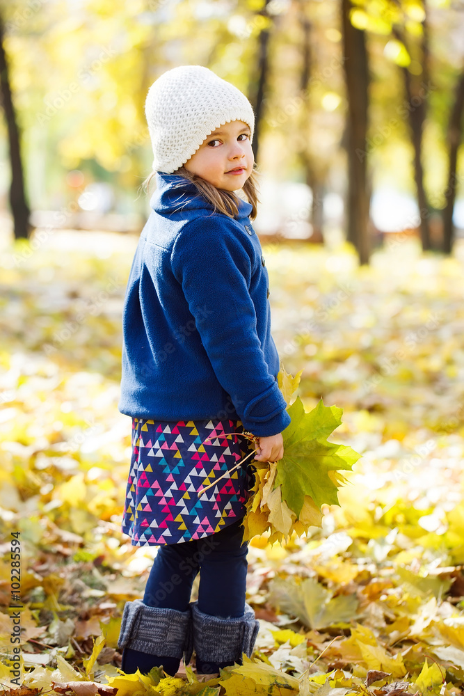 little girl keeps leafs in hand in park in the autumn little girl keeps leafs in hand in park in the autumn