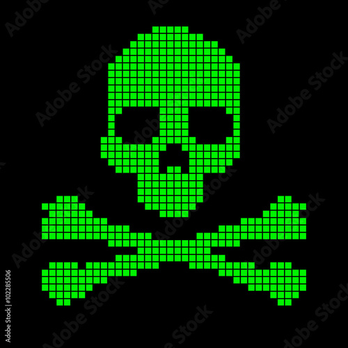 Skull and crossbones collected from pixels on a black background.