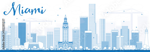 Outline Miami Skyline with Blue Buildings.