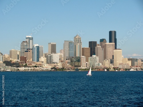 Seattle skylines and a sail boat, Washington, USA.