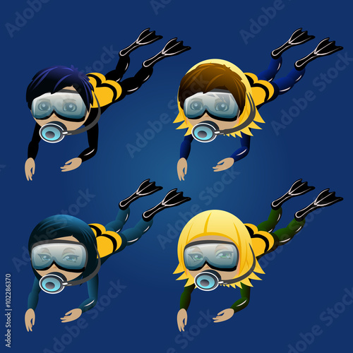 Four diver boys and girls on a blue background