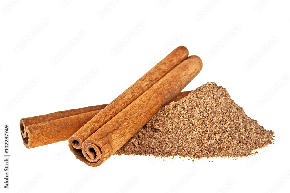 Cinnamon sticks with powder isolated on white background Cinnamon sticks with powder isolated on white background