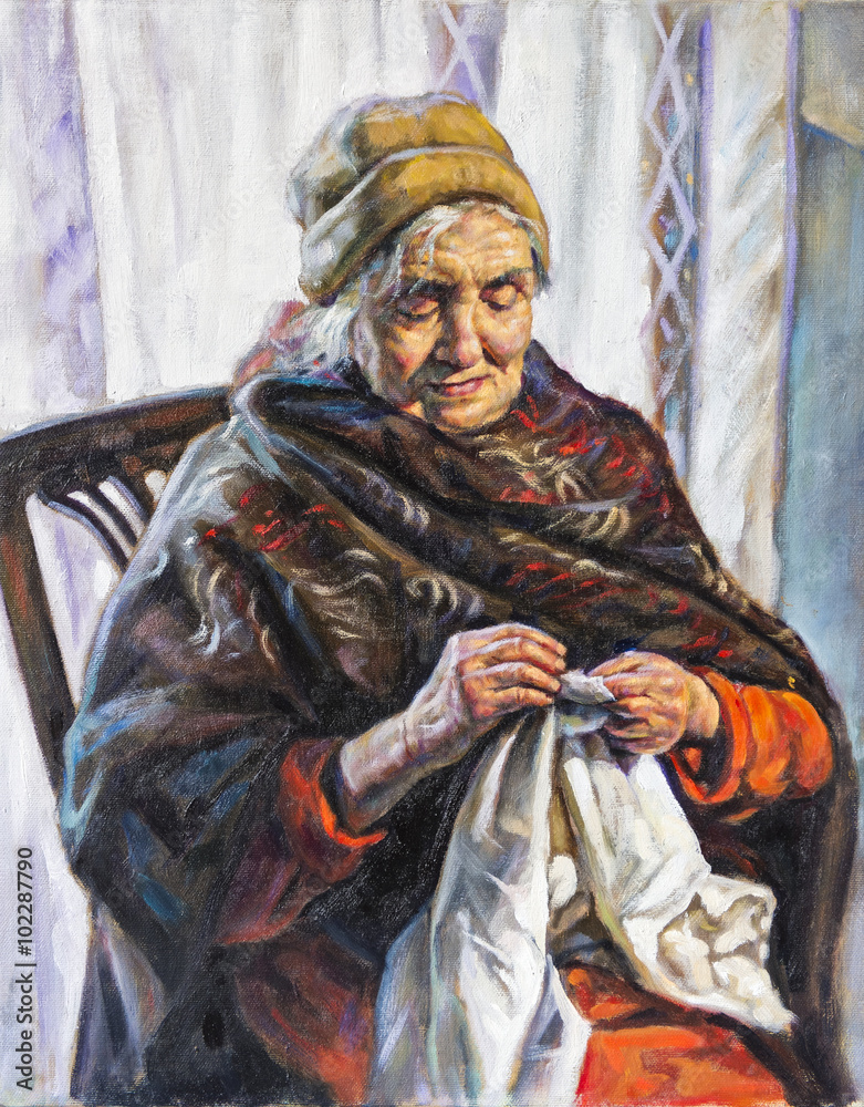 oil portrait of a grandmother who sews