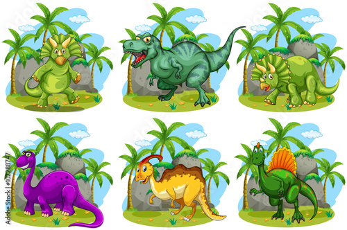 Six dinosaurs in the forest