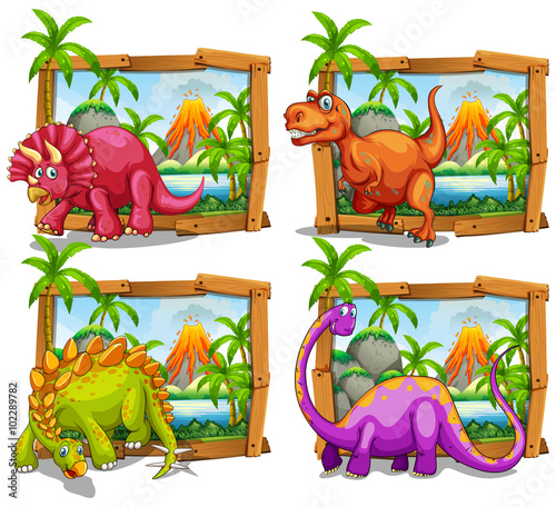 Four dinosaurs in wooden frame
