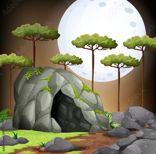 Nature scene of cave on fullmoon night