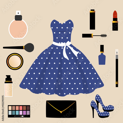 vintage blue dress and and accessories makeup