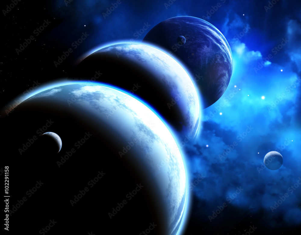 Fototapeta premium Beautiful space scene with parade of planets and nebula