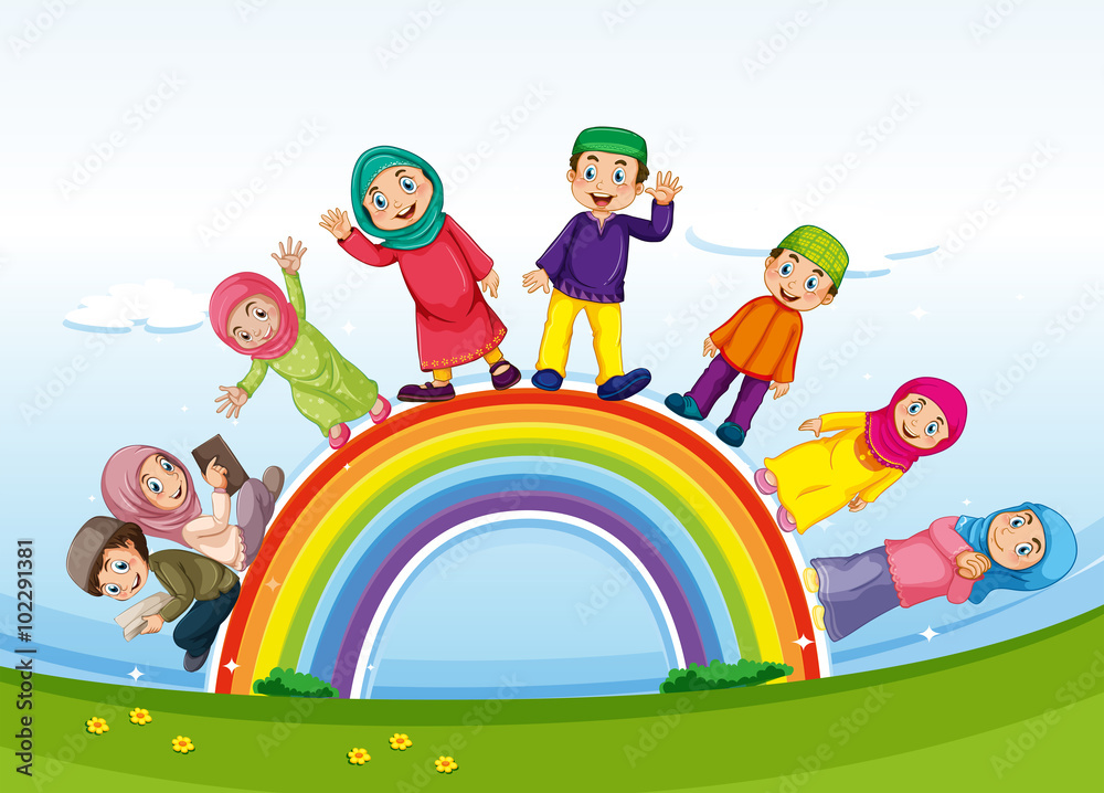 Muslim family standing on rainbow Muslim family standing on rainbow