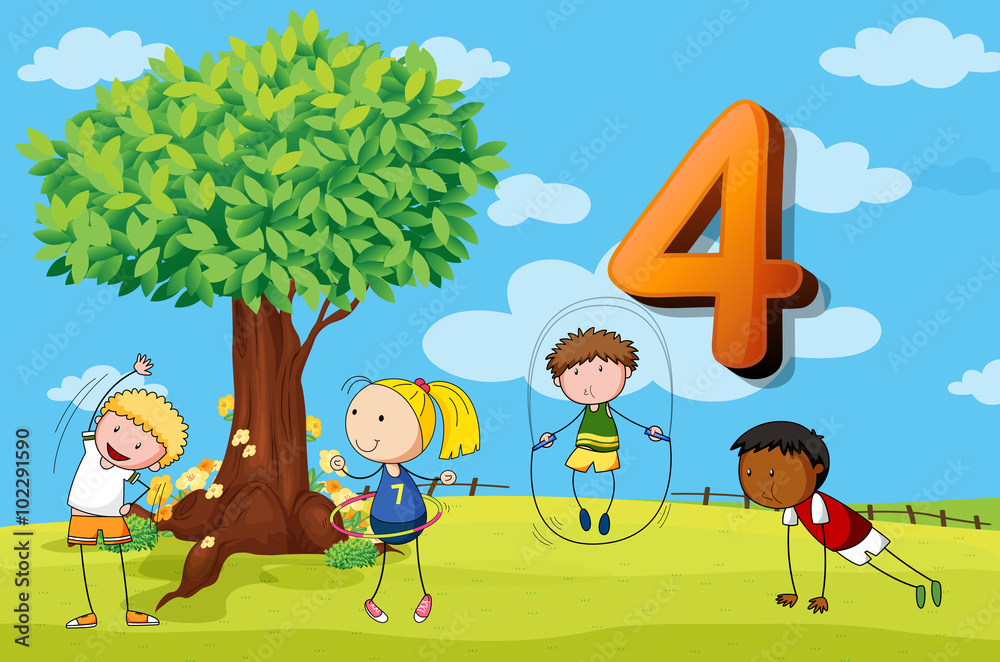 Flashcard number 4 with four children in the park Flashcard number 4 with four children in the park