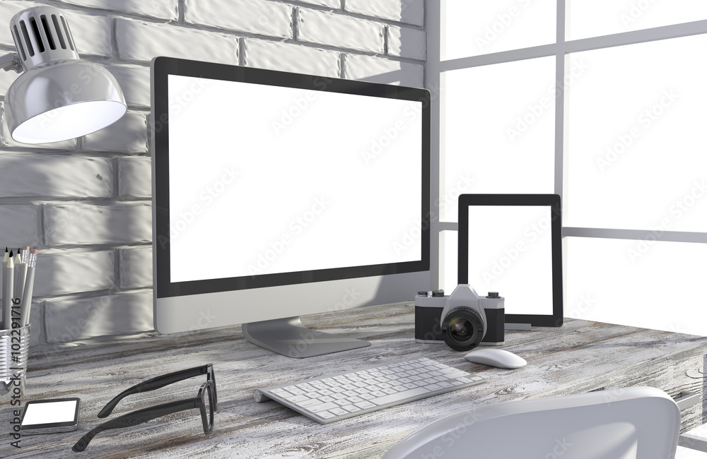 Fototapeta premium 3D illustration PC screen on table in office, Workspace