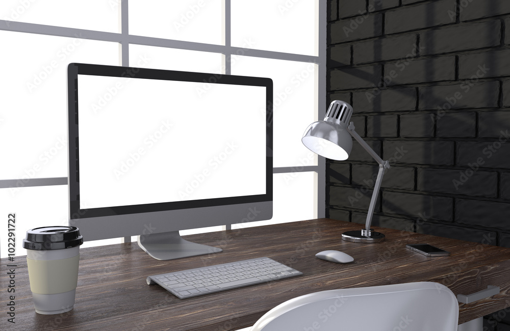 Fototapeta premium 3D illustration PC screen on table in office, Workspace
