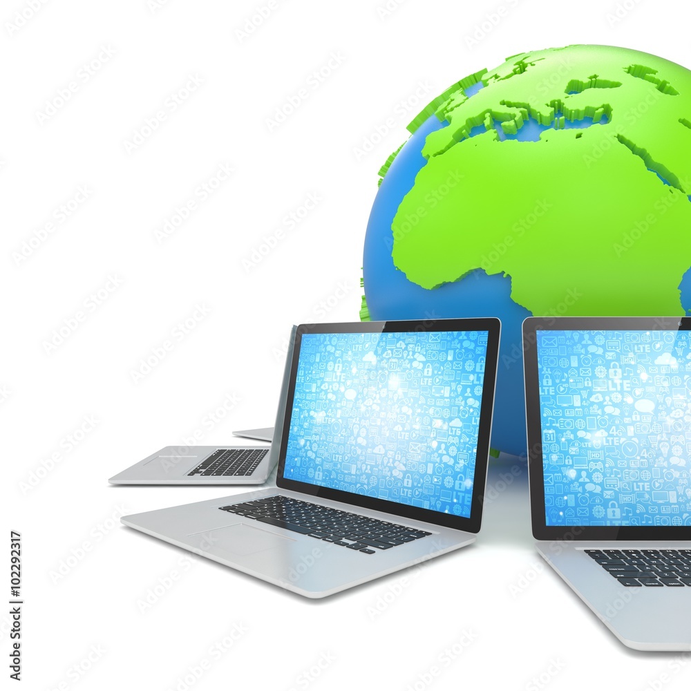 Laptop network around earth globe. 3d render Laptop network around earth globe. 3d render