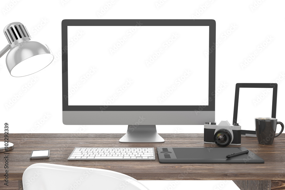 Fototapeta premium 3D illustration PC screen on table in office, Workspace