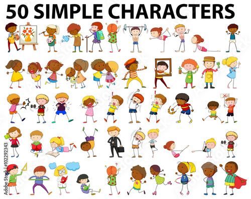 Fifty simple characters doing different activities