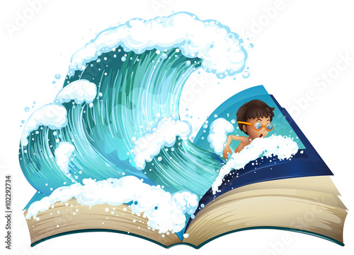Giant book with boy swimming in the ocean